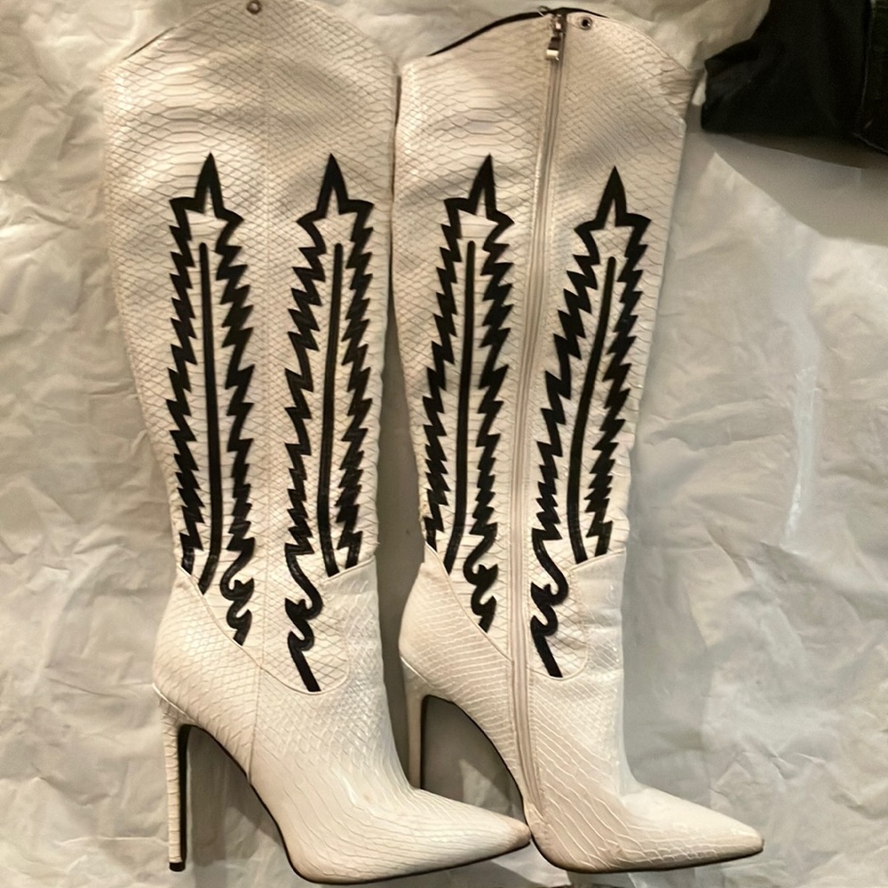 Elegant White and Black Heeled Boots